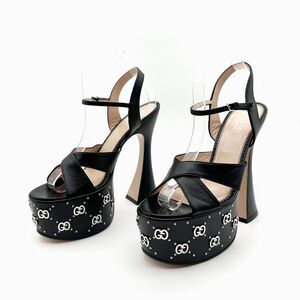GUCCI Janaya Black GG Studded Platform Heels Size 38 US 8 Sandals Leather